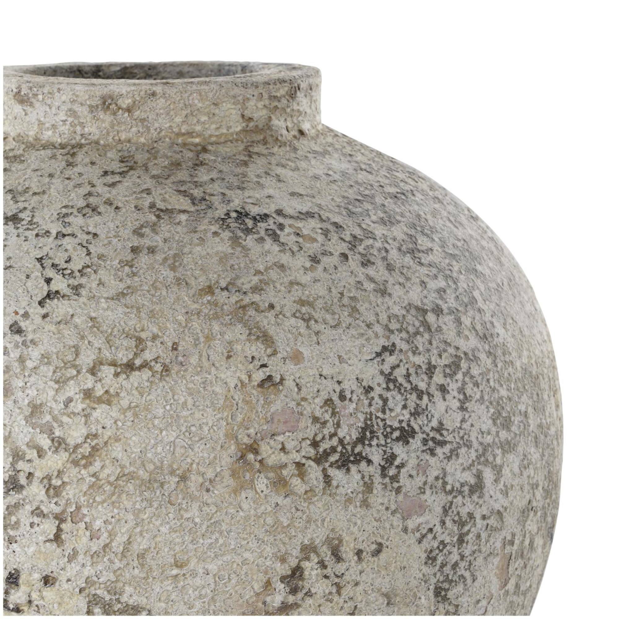 12" Cream Ceramic Antique Style Round Vase with Textured Distressing